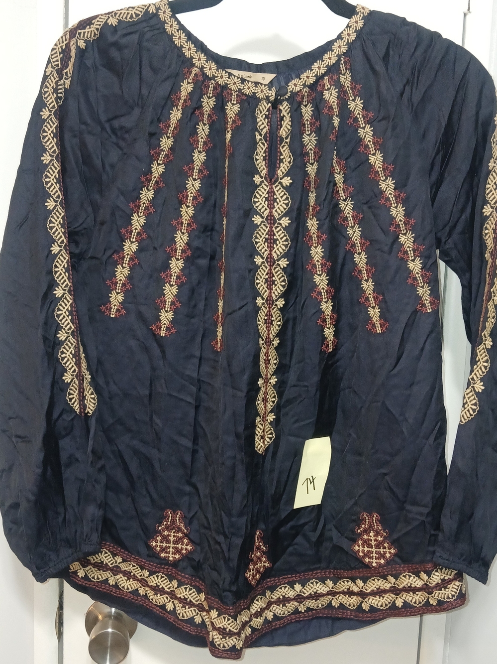Splash Navy Embroidered Boho Blouse with Gold & Burgundy Accents